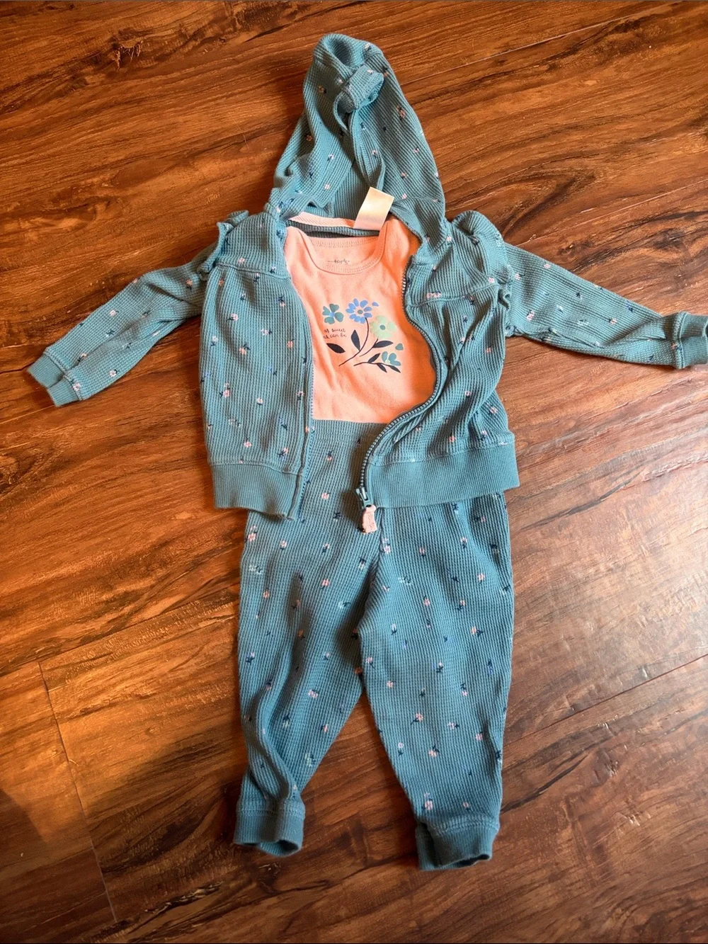 Baby Three-Piece Hoodie Set in Teal with Pink Tee